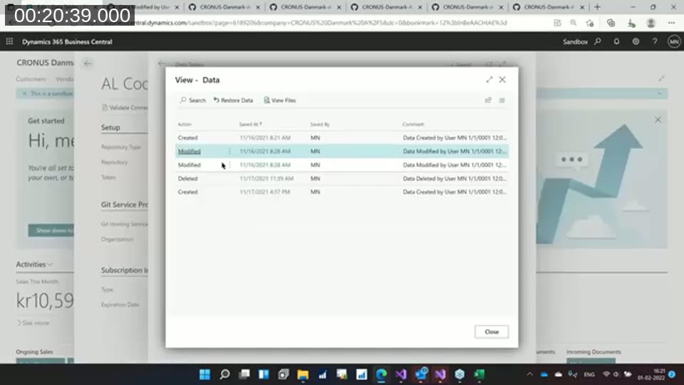 Data change history dialog showing Created, Modified, and Deleted records with timestamps and the user who made each change