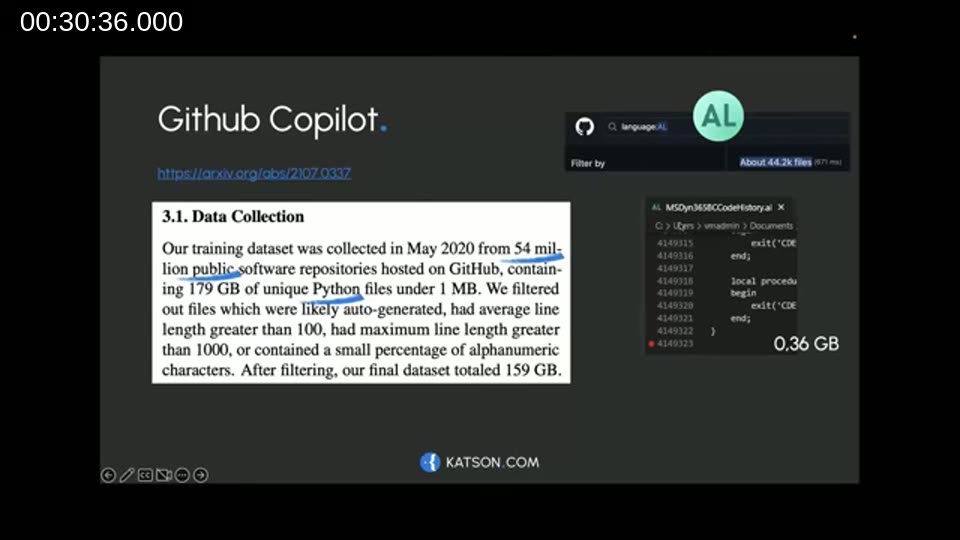 Slide comparing the Codex paper's training data collection with the size of publicly available AL/Business Central code