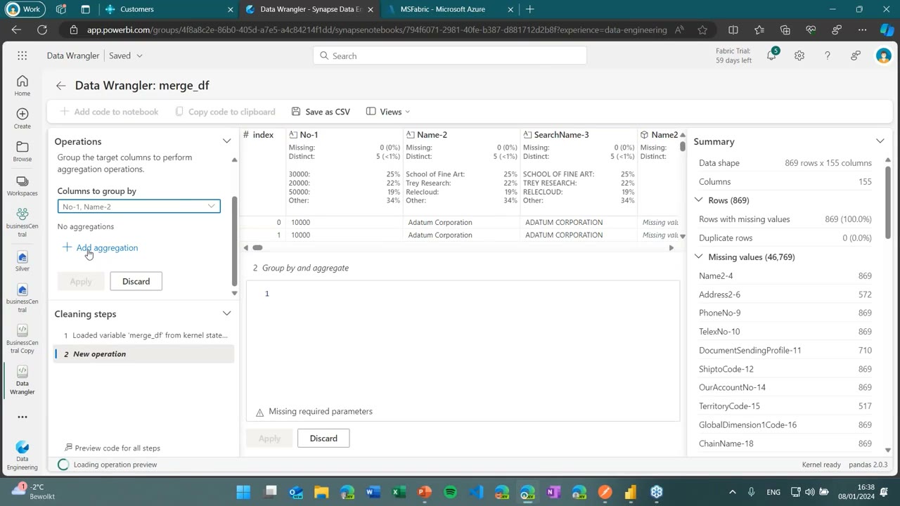 Data Wrangler UI on the merge_df dataframe (869 rows, 155 columns), configuring a group-by and aggregate operation on the merged Business Central tables.