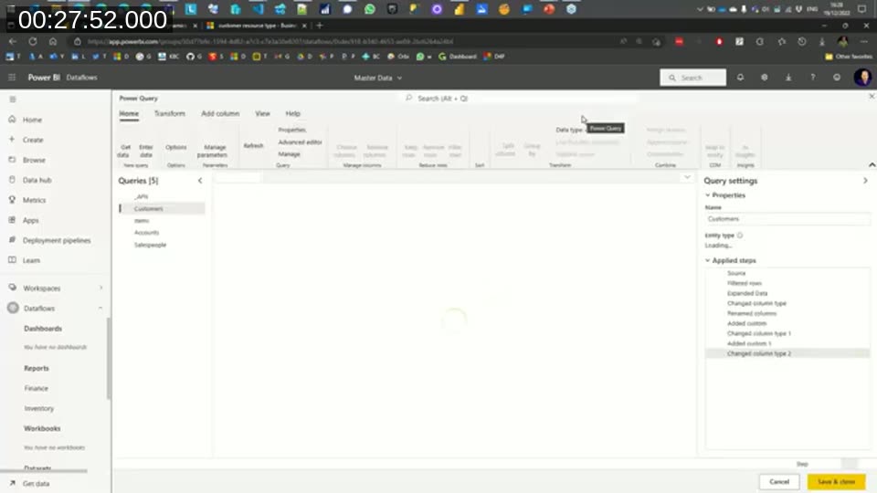 Power BI dataflow 'Choose data' screen with the Business Central connection tree expanded to show multiple environments (SANDBOXPBI, PRODUCTION), companies (Cronus 2, CRONUS USA Inc.), and the Standard APIs v2.0 entity list including accounts