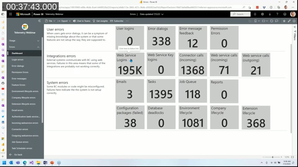 Errors dashboard showing tile counts for user errors, integration errors, and system errors such as job queue and configuration package failures