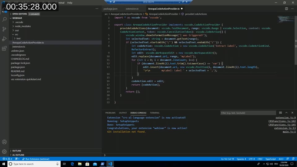 Completed provideCodeActions implementation that offers an Extract label refactor action and inserts a new Label variable using a WorkspaceEdit
