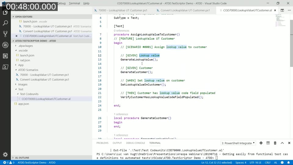 VS Code showing the AL test codeunit automatically generated by ATDD.TestScriptor, with embedded scenario comments and generated helper function stubs