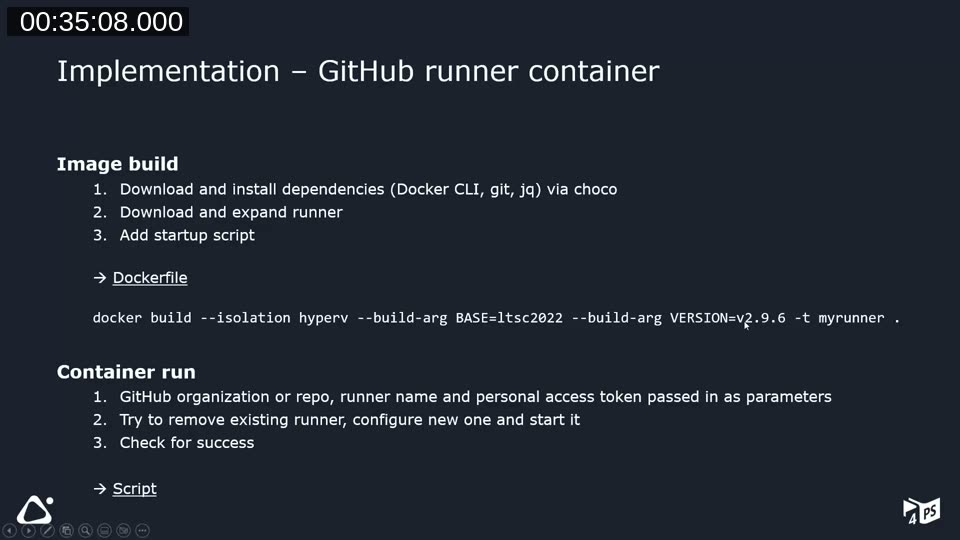 Slide showing the GitHub runner container implementation steps and the docker build command with BASE and VERSION arguments