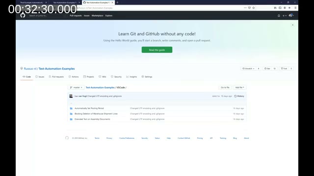 GitHub repository fluxxus-nl/Test-Automation-Examples showing the VSCode folder with three example projects: Automatically Set Posting Period, Blocking Deletion of Warehouse Shipment Lines, and Extended Text on Assembly Documents