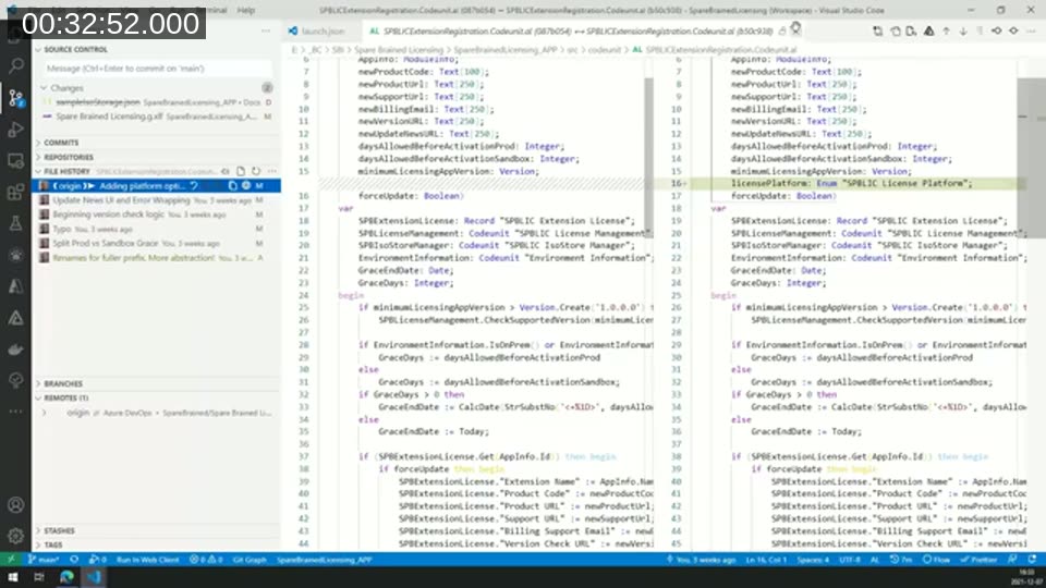 GitLens showing file diff and commit history in the source control panel