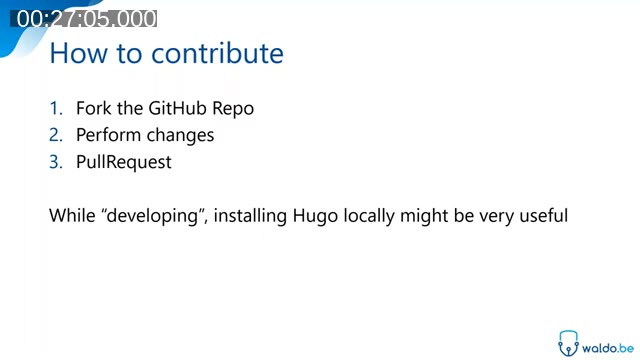 Slide listing the three steps to contribute: fork the GitHub repo, perform changes, pull request