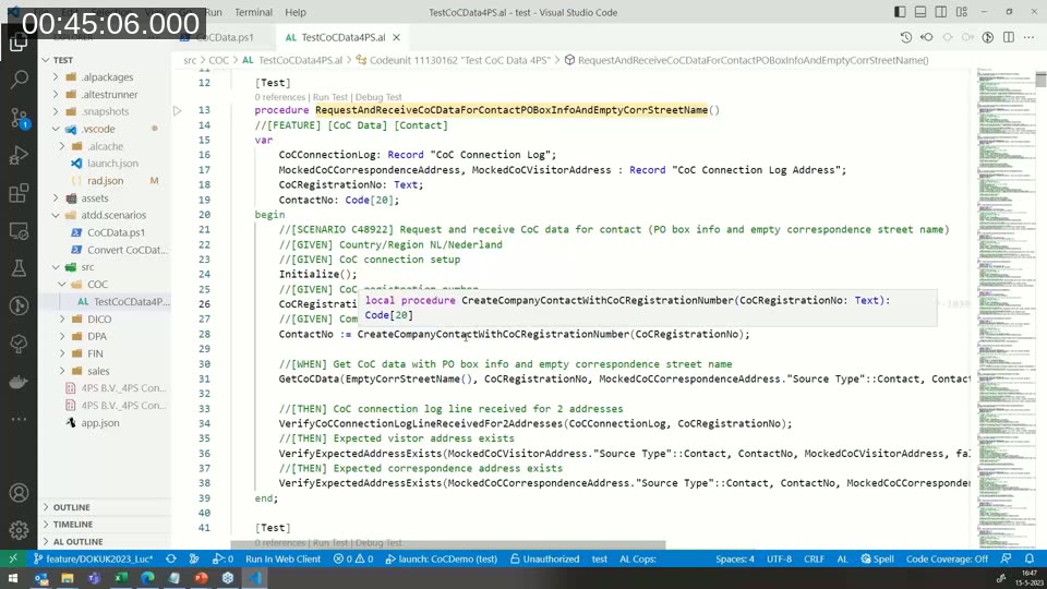 Visual Studio Code showing Luc van Vugt's AL test codeunit implementing the Chamber of Commerce data scenario with Given/When/Then comments generated from the test design sheet