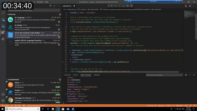 VS Code Marketplace search results listing AL Language, AL Studio, AZ AL Dev Tools/AL Code Outline and waldo's CRS AL Language Extension