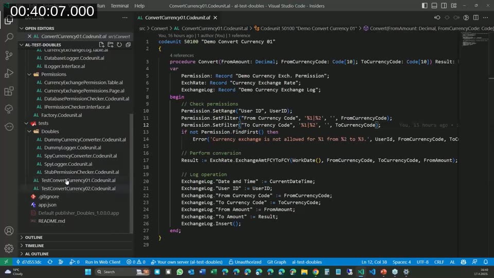 Visual Studio Code showing the original, untestable ConvertCurrency codeunit and the al-test-doubles repository file tree