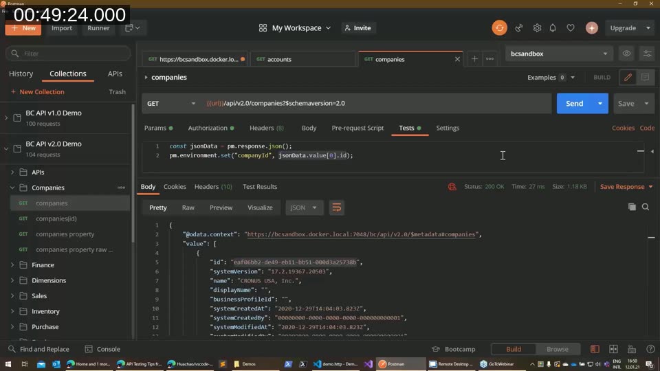 Postman Tests tab with a script that reads the response JSON and calls pm.environment.set to store the companyId variable