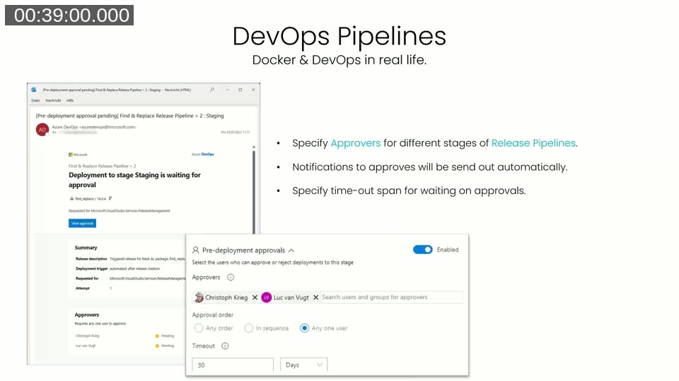 Pre-deployment approval configuration and email notification for a release pipeline stage, listing Christoph Krieg and Luc van Vugt as approvers