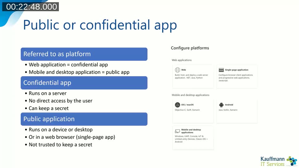 Slide comparing public and confidential app platform types in Azure AD app registration