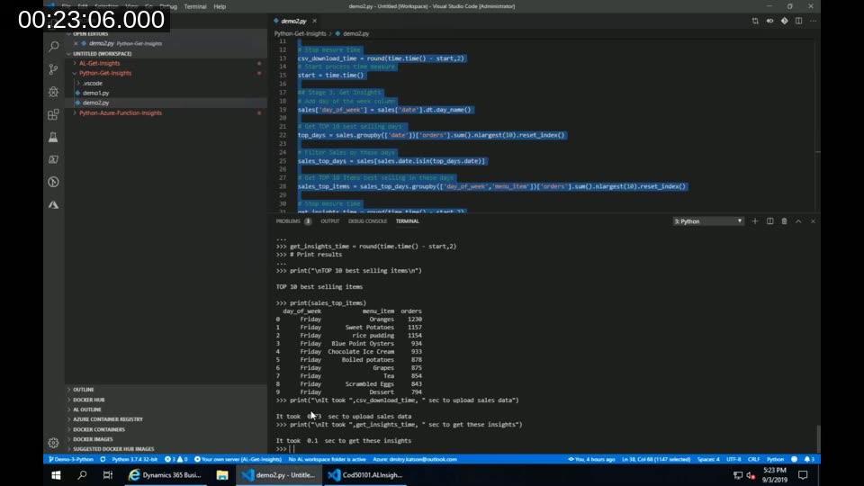 VS Code terminal showing demo2.py output: top 10 items grouped by weekday, 0.1 seconds vs 17 seconds in AL
