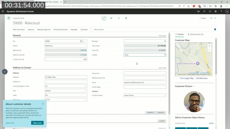 Business Central Customer Card in the QA environment showing the newly deployed Loyalty field and My Customer Map factbox