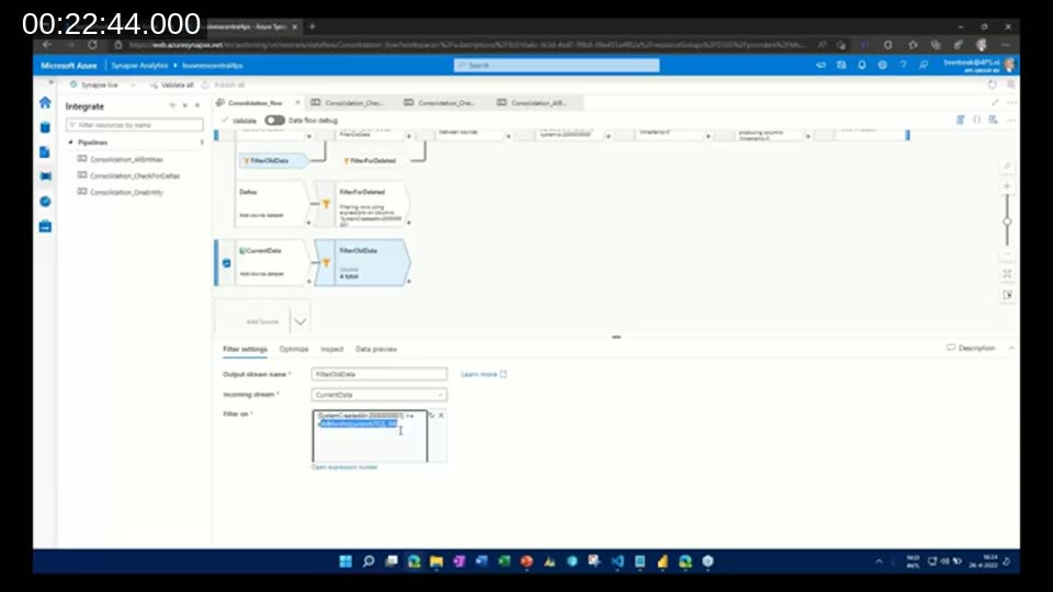 Azure Synapse data flow FilterOldData step filtering records by SystemCreatedAt for data retention