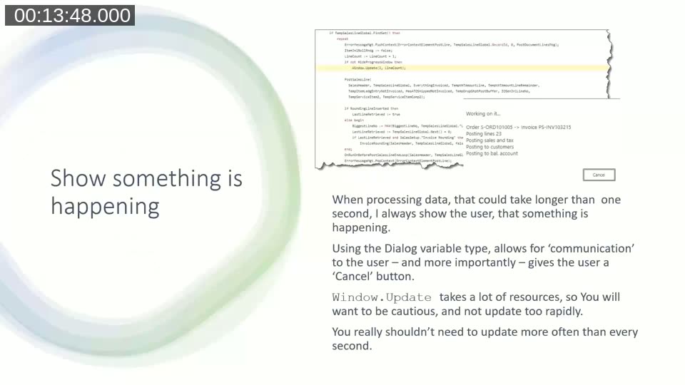 AL code using a Dialog variable and Window.Update, next to a custom progress dialog with a Cancel button showing posting progress