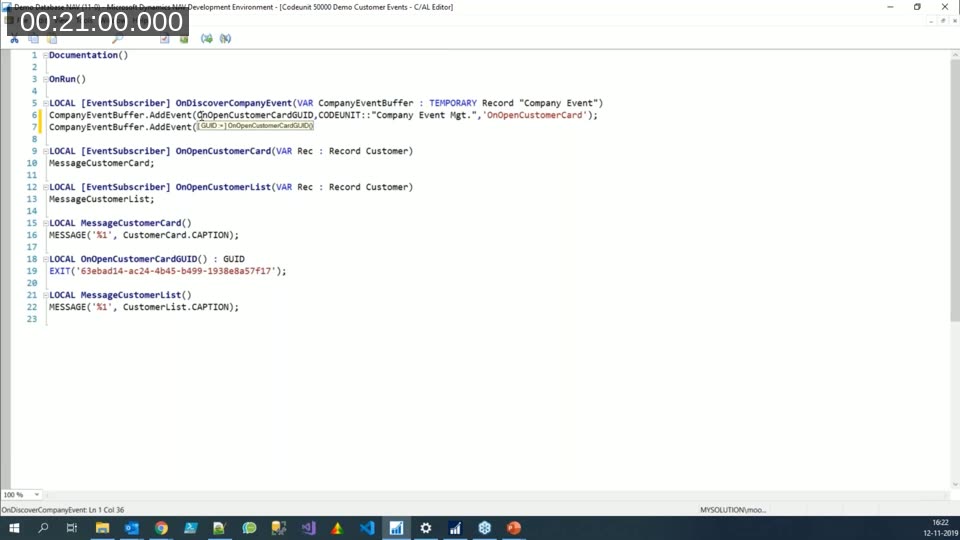 Demo subscriber codeunit showing OnDiscoverCompanyEvent subscribing to the discovery publisher and calling AddEvent with a GUID key