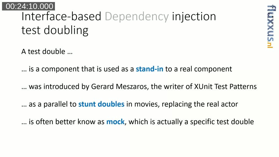 Slide defining test doubles, mocks, and their origin from Gerard Meszaros' xUnit Test Patterns