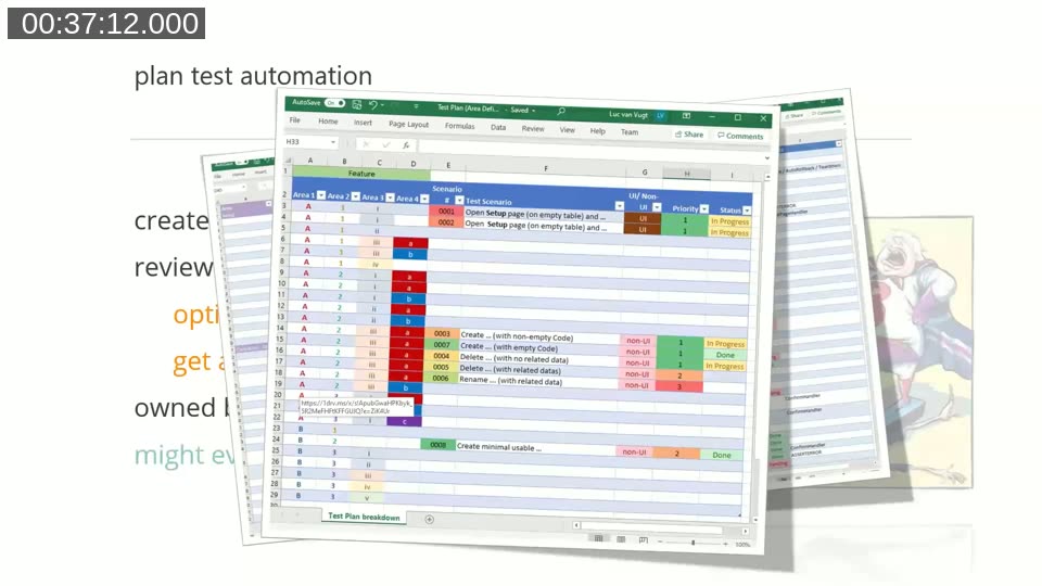 Example Excel test plan breakdown showing feature areas, test scenarios, UI versus non-UI, priority and status columns