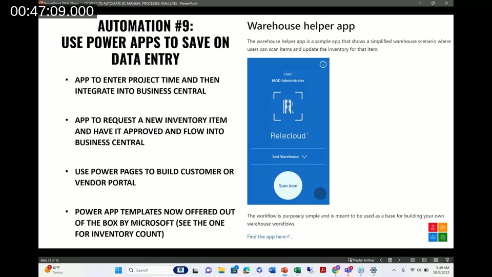 Automation tip 9 slide showing the Power Apps warehouse helper sample app with a barcode scan screen