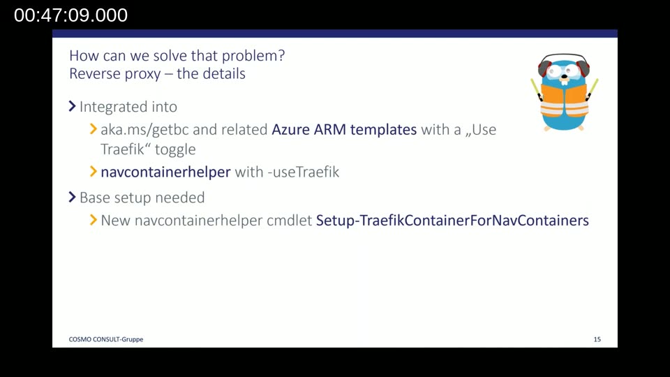 Slide: Reverse proxy details — Traefik integration via aka.ms/getbc and navcontainerhelper