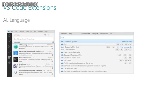 Slide titled 'VS Code Extensions' showing a screenshot of the Visual Studio Code Extensions panel with AL Language, AZ AL Dev Tools/AL Code Outline, Live Share, and waldo's CRS AL Language Extension installed, next to the AL command palette