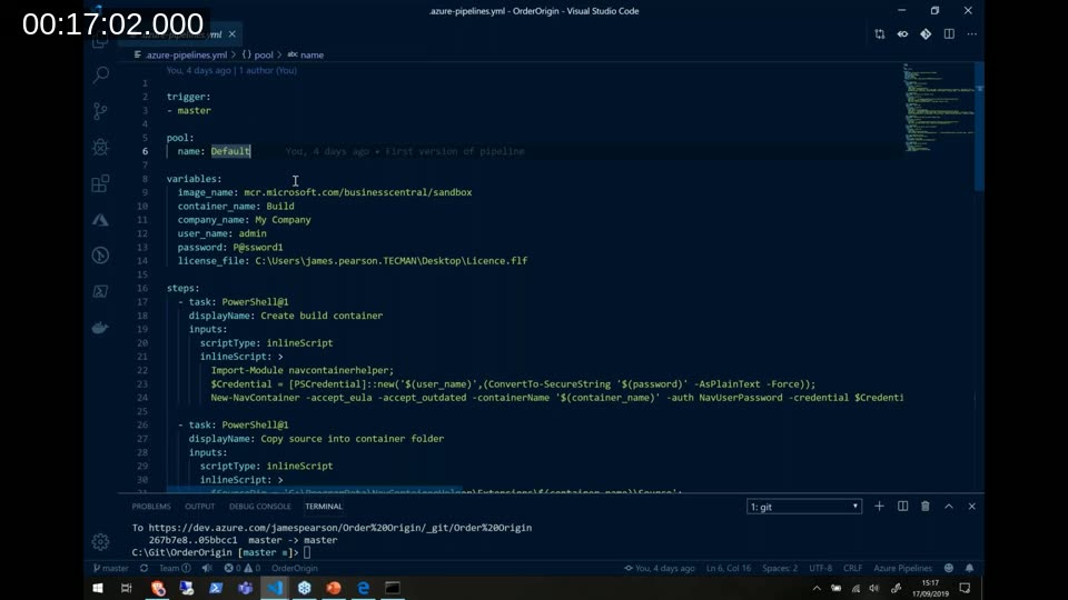 The azure-pipelines.yml file open in VS Code showing trigger, pool, variables, and PowerShell steps