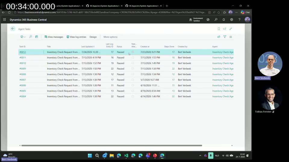Agent Tasks list page in Business Central showing task IDs, status, steps done, and the agent that created each task