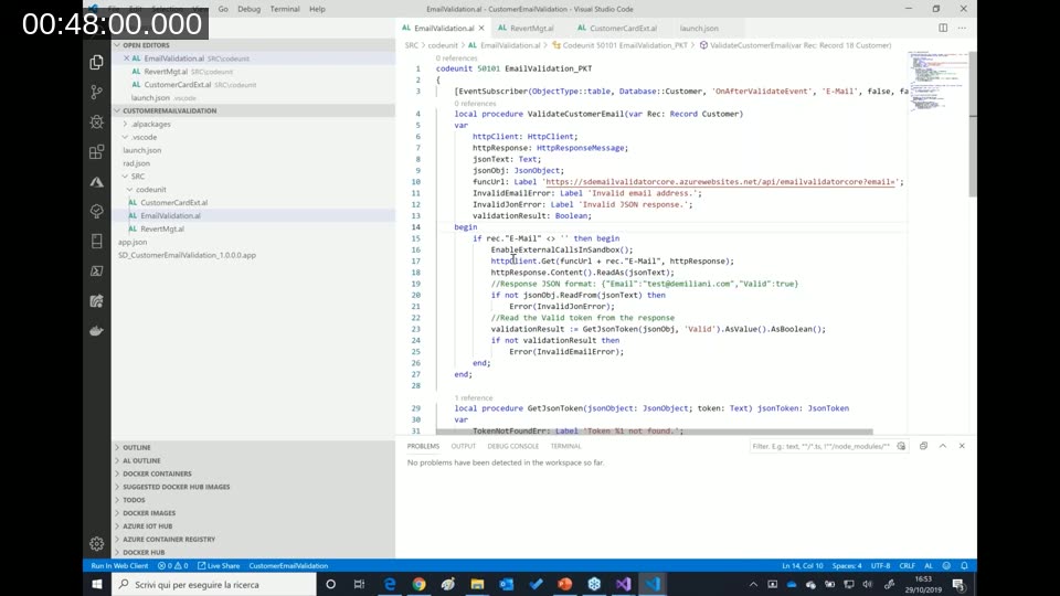 AL code in VS Code calling an Azure Function endpoint for email validation via HttpClient