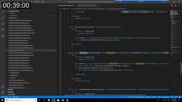 Source code of AZ AL Dev Tools/AL Code Outline showing the getFullSyntaxTree function in toolsLangServerClient.ts