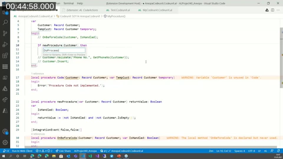 AL CodeActions Extract to Procedure refactoring in progress, with a rename box for the newly generated procedure