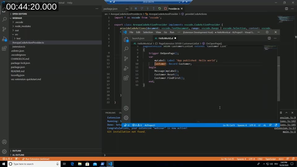 AL page extension code open in the Extension Development Host, with a Label variable and Message call used to test the code action against real AL code