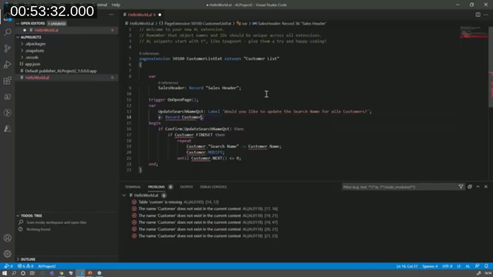AL Variable Helper suggesting a variable declaration for a Customer record in a page extension