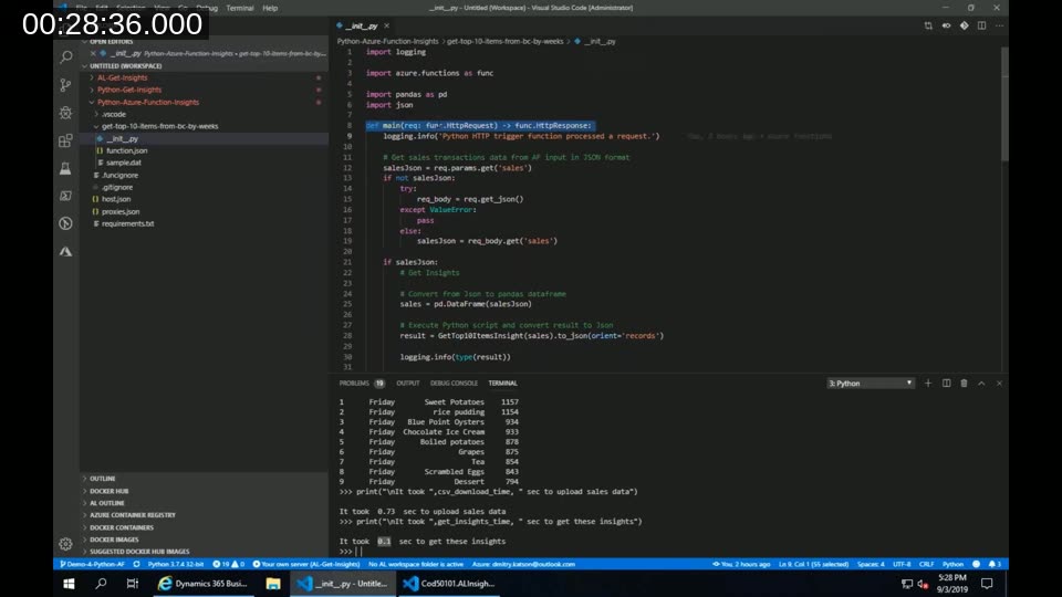 VS Code showing __init__.py of the Azure Function: receiving JSON from BC, running pandas analysis, returning JSON