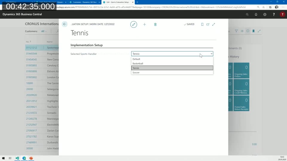 Business Central setup page showing the Selected Sports Handler dropdown with Default, Basketball, Tennis and Soccer options