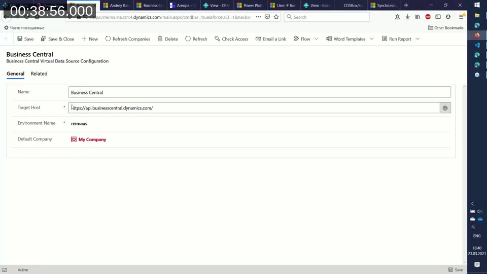 Business Central Virtual Data Source Configuration record specifying the target host, environment name, and default company