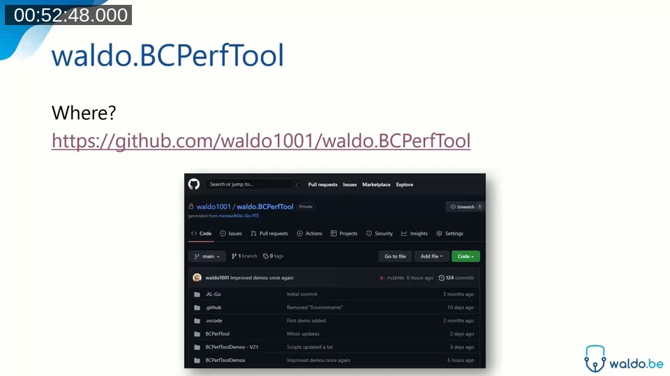 GitHub repository page for waldo1001/waldo.BCPerfTool showing the source code and commit history