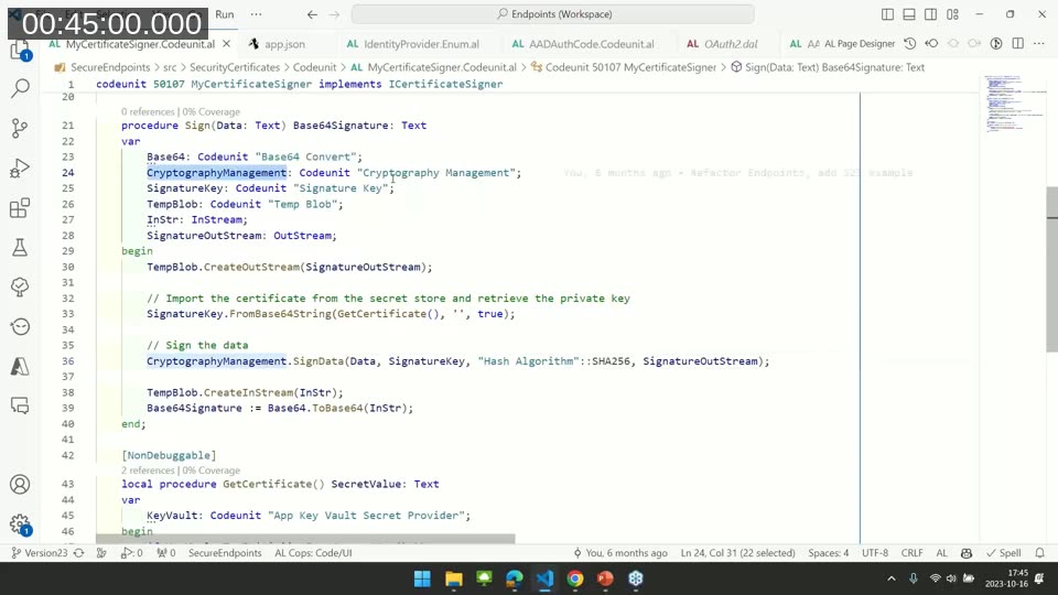 AL code for the MyCertificateSigner codeunit calling CryptographyManagement.SignData with a Signature Key extracted from a certificate