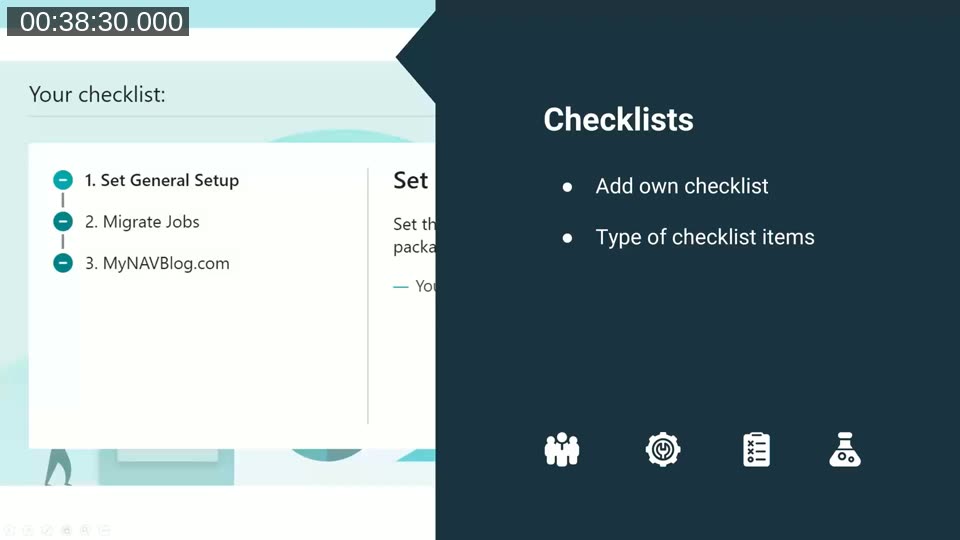 Slide introducing Checklists with an example checklist showing Set General Setup, Migrate Jobs, and MyNAVBlog.com items