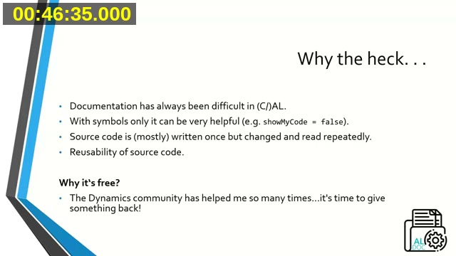 Slide titled 'Why the heck...' explaining Christoph Krieg's motivation for building the AL XML Documentation extension