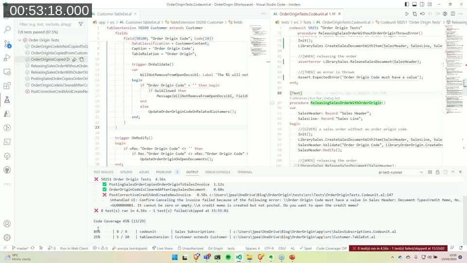 Visual Studio Code Test Explorer and code coverage results showing per-object coverage percentages after running the Order Origin test suite