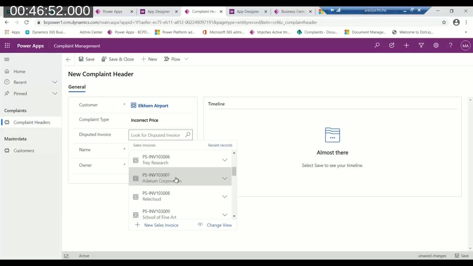 Complaint Management model-driven app in Power Apps showing a New Complaint Header form with Customer and Disputed Invoice lookups sourced from Business Central
