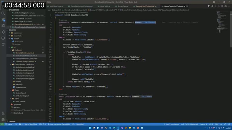 AL procedure CreateXmlFromSalesHeader building XML elements and attributes from a Sales Header record using RecordRef and FieldRef