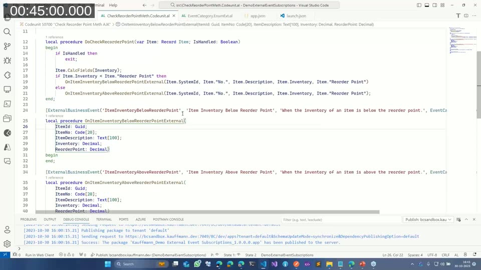 AL code showing the ExternalBusinessEvent attribute on a custom event procedure