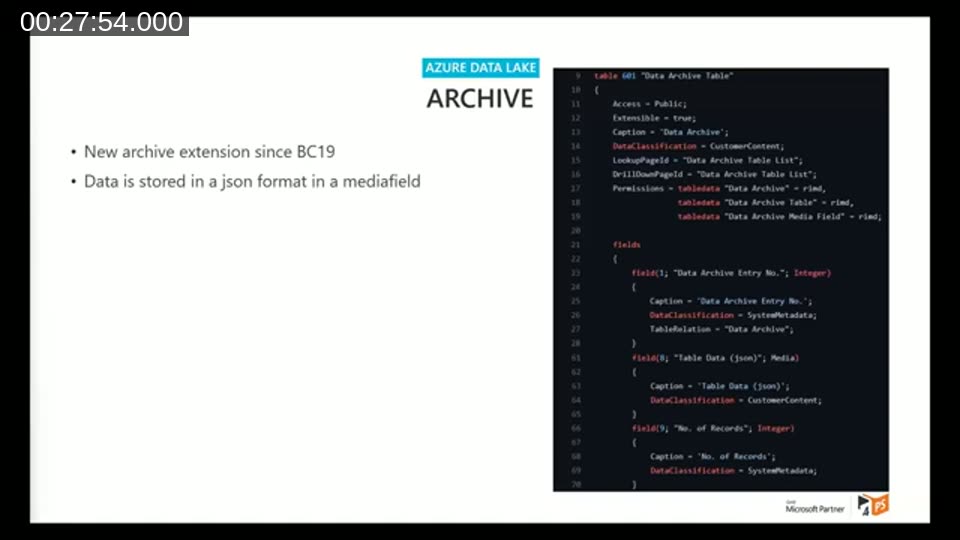 AL code slide showing the Business Central Data Archive Table (table 601) definition with its JSON media field