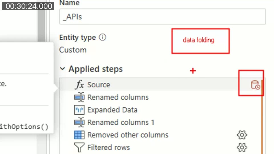 Power Query editor with the Applied Steps panel annotated to highlight the data folding indicator icon next to the Source step