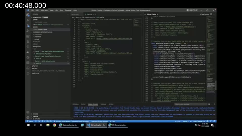VS Code showing Copilot suggesting JavaScript-style code instead of AL while importing cryptocurrency data from an API