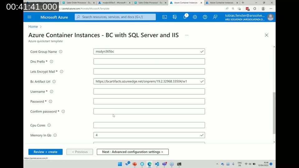 Azure portal Deploy to Azure form with a user-friendly UI definition for the Business Central ACI quickstart template