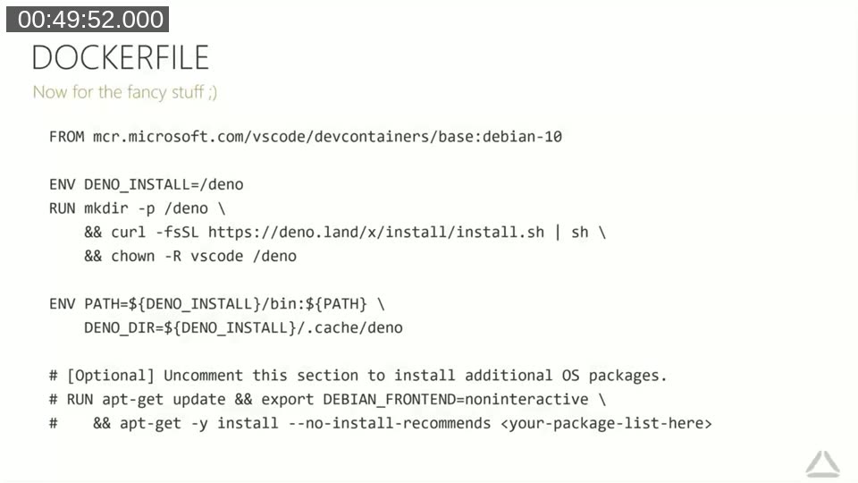 Dockerfile slide showing the base image and install steps used to set up the Deno development container for the pricing tool